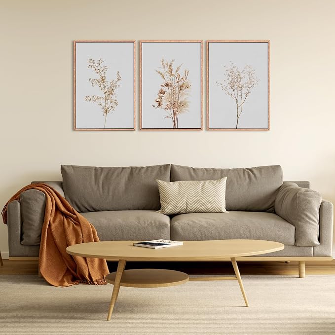 Ausril Wildflower Floral Framed Canvas Wall Art Set, Beige Botanical Wall Decor, Minimalist Nature Flower Wall Painting, Modern Boho Farmhouse Art Print for Living Room, Bedroom, Office- 24"x36"x3