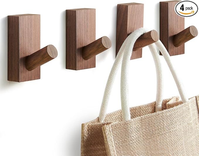 Felidio Natural Wooden Wall Hooks, Adhesive & Screw Mount Coat and Towel Hooks - Decorative Key Holder, Hat Rack, Stocking Wall Hangers for Bathroom Entryway Closet - 4 Pack, Walnut Wood
