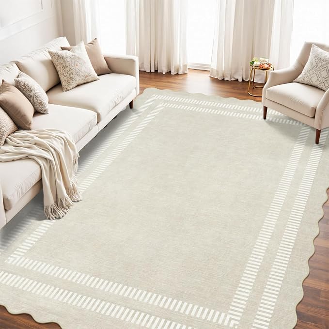 Washable 8x10 Area Rugs for Living Room, Solid Ivory Ultra-Thin Bedroom Rug Non-Slip Dining Room Rugs, Soft Scalloped Carpet for Nursery Kids Room Office
