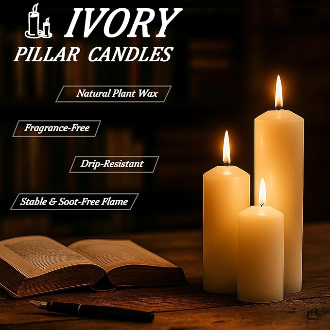 36 Pcs Ivory Pillar Candles Bulk Set，3 Different Lengths 2 x 3/6/8 Inch (12 Each)，Hurricane Candles，Dripless Unscented Smokeless，Gives You a Better Atmosphere When Organizing an Event Party.