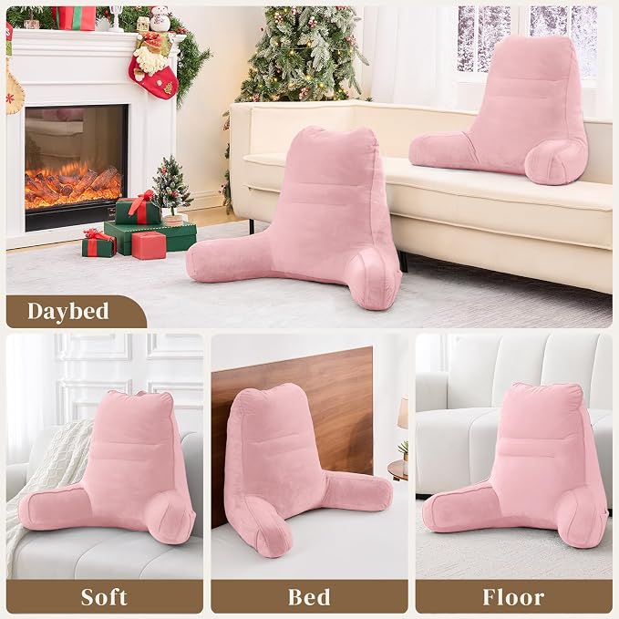 Sasttie Reading Pillow for Bed - 23 Inch, Back Pillow for Bed Sitting Up, Back-Rest Support Cushion with Side Pockets and Arms, Dorm Essentials, Oeko-Tex Certified, Light Pink