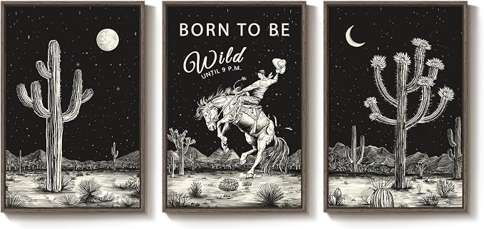 Framed Large Western Wall Art for Living Room, Cowboy Desert Cactus Canvas Artwork Prints, Black and White Boho Southwest Decor, Starry Night Pictures for Bedroom, Home Office Total Size 30x60 Inch
