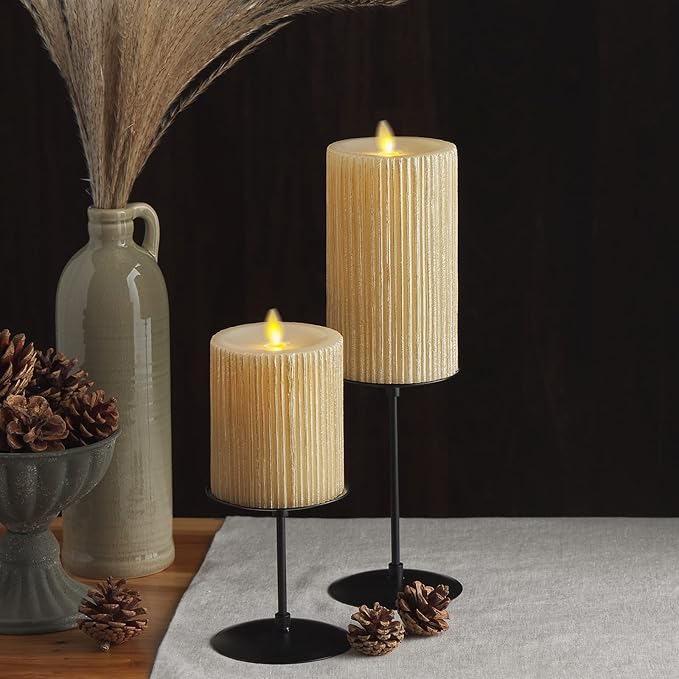 Luminara Flameless LED Candle (3.25x4.5) with Embossed Metallic Furrow, Moving Flame LED Pillar, Real Wax with Recessed Edge, Battery Operated - Pearl Ivory