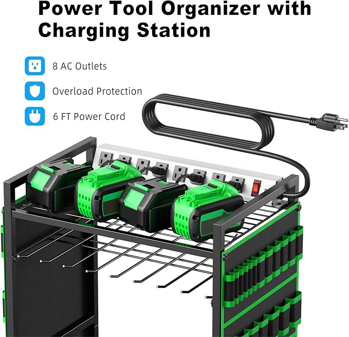 JUNNUJ Large Power Tool Organizer Cart with Charging Station, Garage Floor Standing Rolling Drill and Tools Battery Storage Cart on Wheels, Heavy Duty Rack Shelf with 8 Outlet Power Strip, Green