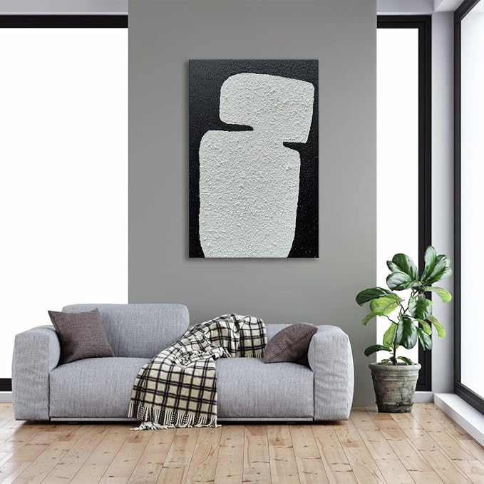 zoinart Hand Painted Textured Wall Art 24x36 Inches Decorative Oil Paintings on Canvas Black and White Abstract Painting Contemporary Art Minimalist Wall Decor