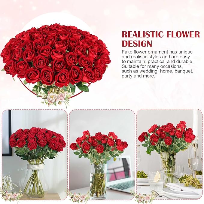 Rowfad 60 Pcs Artificial Roses Bulk Velvet Silk Red Rose Burgundy Roses for Wedding Centerpieces Bridal Bouquet Mohter's Day Valentine's Day Christmas Home Decor (60, Burgundy)