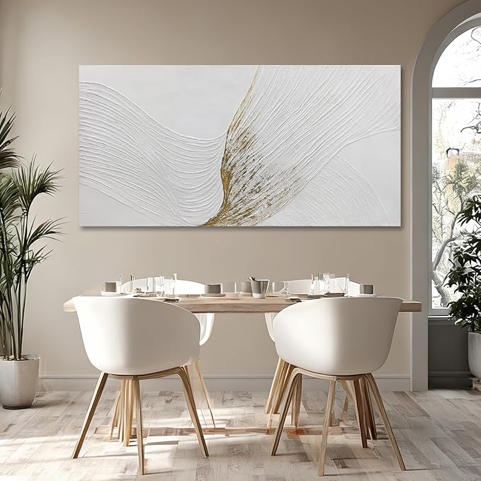 Hue7Art Modern Minimalist White and Gold Textured Canvas Wall Art Abstract Line Artwork Hand Painting for Living Room Bedroom Office Neutral Home Decor 24x48 Inch