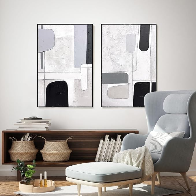 SAFERRYHOME Abstract Textured Hand Painted Wall Art, Large 3D Texture Minimalist Framed Canvas Wall Decor, Modern White Black Painting Geometric Artwork for Home Office Living Room, 24"x36"x2