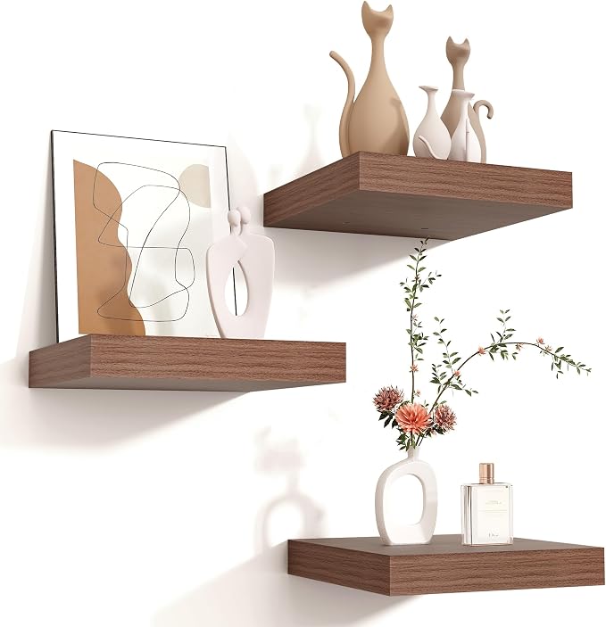 Venusmiles 8"x8" Square Floating Shelves for Wall, Walnut Finish, 3-Pack | Engineered Wood Wall Shelves with Invisible Brackets for Living Room, Bedroom, Bathroom, Office & Kitchen Storage