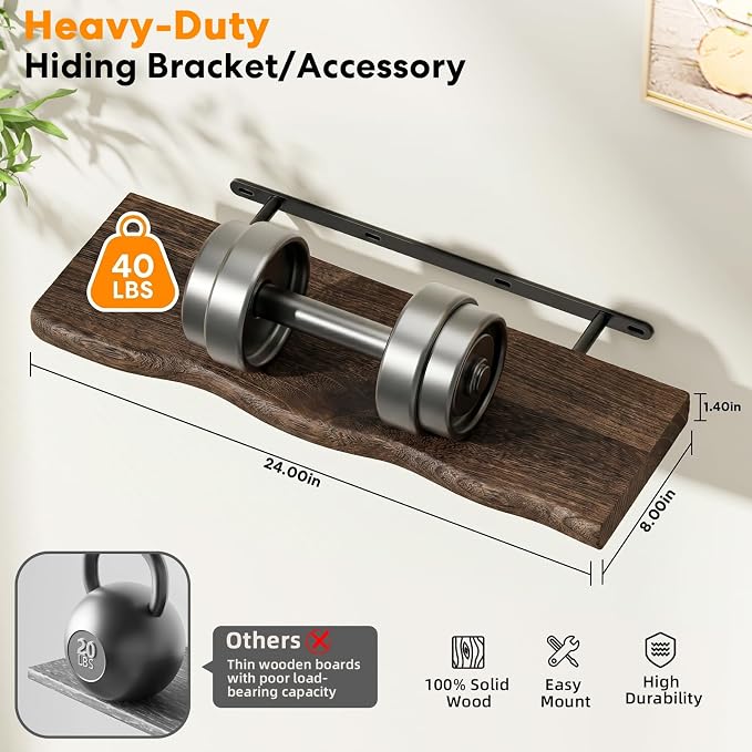 Solid Wood Live Edge Floating Shelves Set of 2 – 36" Rustic Wall Shelf with Hidden Bracket System, Wall Mounted Shelves for Bathroom, Kitchen, Living Room, Bedroom (Charcoal Brown)