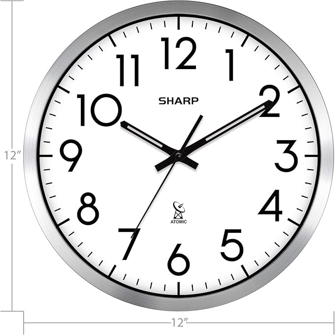 Sharp Atomic Analog Wall Clock - 12" Silver Brushed Finish Sets Automatically- Battery Operated Easy to Read Use: Simple, Style fits Any Decor