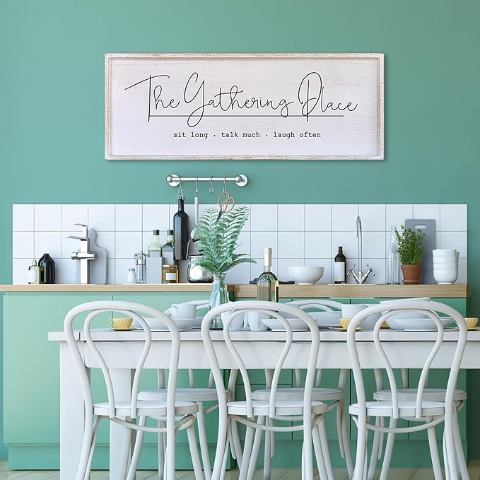 The Gathering Place Wall Decor Sign 40"x15" Large Family Dining Room Vintage Wooden Framed Country Farmhouse Simple And Rustic Hanging For Kitchen Home Wall Art Decoration (White)