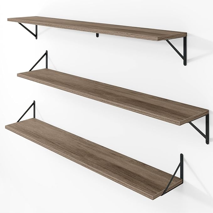 Vivelove Deep Floating Shelves for Wall, 48W x 8D Rustic Grey Wood Wall Shelves Set of 3, Large Floating Shelf for Living Room, Kitchen, Office, Bedroom and Decor Storage, with Metal Bracket - Grey