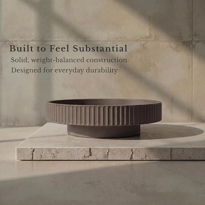 JUPTR Concrete Fruit Bowl (12") – Shallow Fluted Pedestal Decorative Centerpiece Bowl for Table, Entryway Catch-All & Modern Home Decor – Heavyweight Stone Bowl (Charcoal)