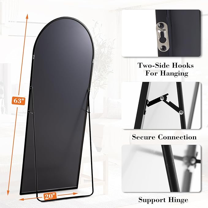 DUMOS 63"x20" Arched Full Length Mirror with Stand Floor Free Standing Aluminum Frame for Bedroom Body Hanging Leaning Modern Simple Home Decor Shatter-proorf Nano Glass Wall, Black-Rounded
