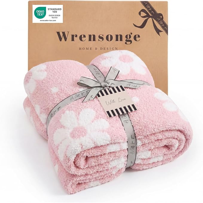 WRENSONGE Soft Throw Blanket for Couch-Cozy Reversible Knitted Blankets | Lightweight Warm Fluffy Decor for Women, Mom, Her & Girls, Sofa, Chair, Bed, 50x70in,Daisy Floral Pink