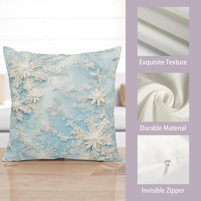 Blue Snowflakes Pillow Covers Winter Throw Pillow Covers 16x16 Set of 2 Snow Flower Pillowcase Floral Double Sided Printing Cushion Case for Living Room Bedroom Couch Sofa