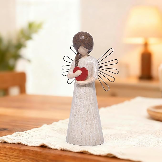 Hodao Angel Figurine with Red Heart, 5.1" Resin Wood-Carved Look with Metal Wire Wings, Hand-Painted Indoor Home Decorations, Spiritual Holiday Decor Ornaments, Gift-Ready Box