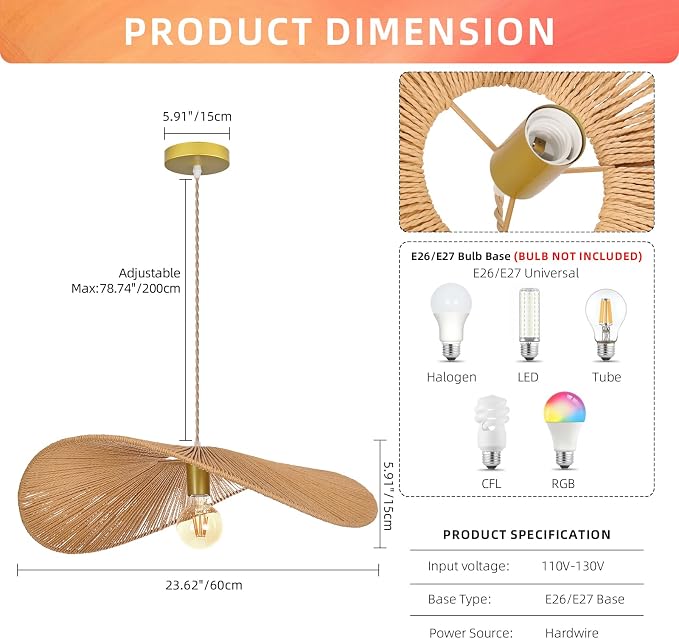 Arturesthome 23.6" Modern Paper Chandelier Rattan Pendant Lighting Large Wicker Light Fixtures Adjustable Height Hanging Lighting Fixture for Kitchen Bar Hallway