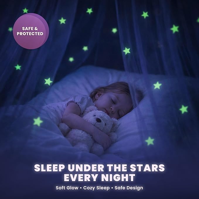 Bollepo Bed Canopy for Girls Bed with Glowing Stars - Princess Room Decor, Ceiling Net to Cover Toddler | Full, Twin Size Kids Bed, Fire Retardant Fabric (White - Stars)