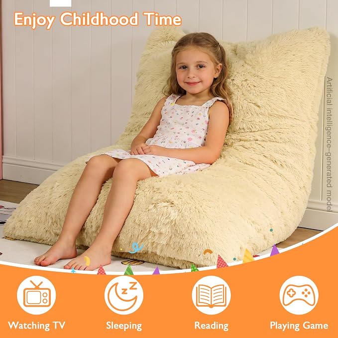 3 in 1 Kids Bean Bag Chair Bed, Kids Fluffy Stuffed Floor Pillow for Gaming and Reading, Ultra Soft Faux Fur Fabric Bean Bag Chairs to Lounger for Playroom, Living Room, Bedroom, Beige
