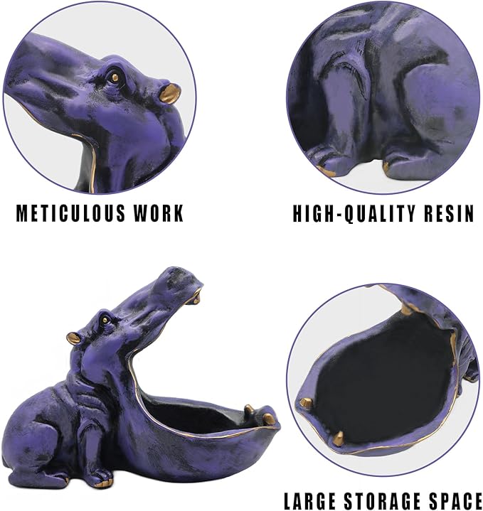 aboxoo Hippo Statue Home Resin Hippopotamus Figurine Fun Candy Dish,Key Bowl,Big Mouth Sculpture Table Art Decoration Sundries Container Storage Box (Purple)