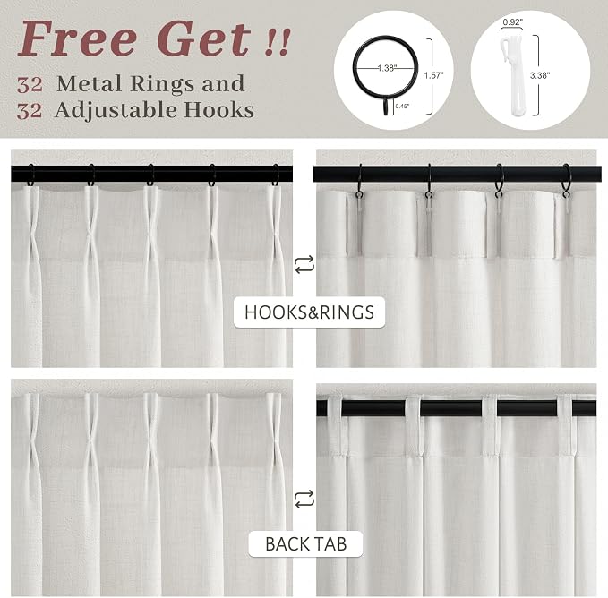 Linen Pinch Pleated Semi Sheer Sliding Door Curtains 84 Inches Long 4 Panels Set, Off White Memory Trained Light Filtering Heavy Window Curtain Privacy Country Viral Drapes for Bedroom 7FT Length