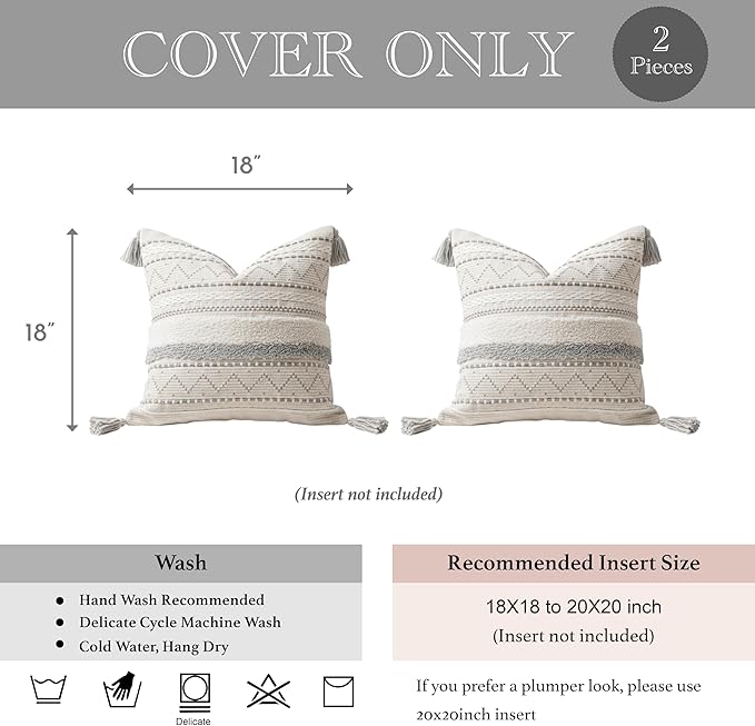 BlissBlush Gray Decorative Throw Pillow Covers 18X18 Combo Set of 2 Square Boho Neutral Grey Accent Pillowcase Tassels Farmhouse Cushion for Couch Sofa Bedroom Living Room Home Décor Cover ONLY