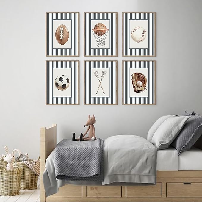 Sports Wall Art Decor Toddler Boys Room Canvas Prints Vintage Sports Nursery Wall Decor Baby Kids Poster Football Baseball Pictures Basketball Soccer Artwork for Children Bedroom 8x10x6 Inch Unframed