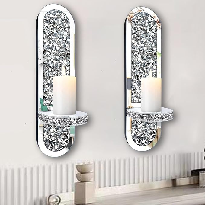ZOLAPI Set of 2 Crystal Crush Diamond Candle Sconces, Gorgeous Silver Mirrored Wall Sconce,Oval Candle Holder Glass Wall Decorations for Home Décor, Living Room, Dining Room.