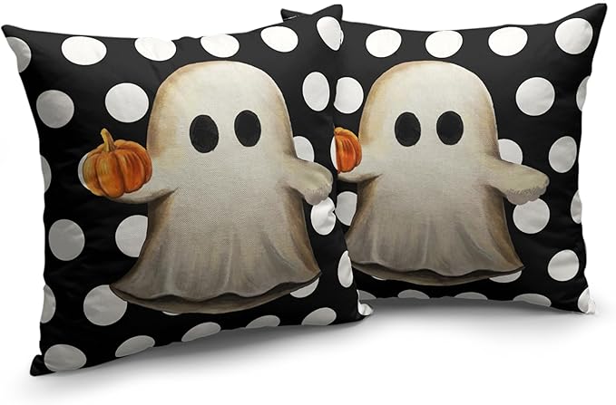 Cute Ghost Halloween Decor Pillow Covers White and Black Halloween Pillow Covers Ghost with Pumpkin Pillow Case 24x24 Set of 2 Horror Scary Cushion Case for Home Sofa