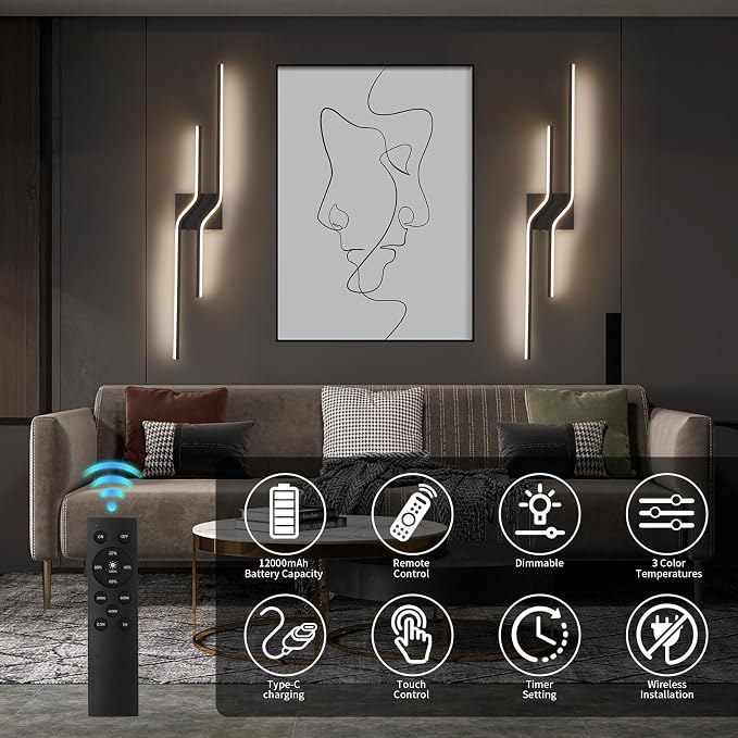 Modern Battery Operated Wall Sconces Set of 2,12000mAh Wireless Wall Sconce with Remote,39.3 Inch Rechargeable Black LED Wall Lights for Wall Decor,Dimmable Wall Lamps for Living Room,Bedroom,Hallway