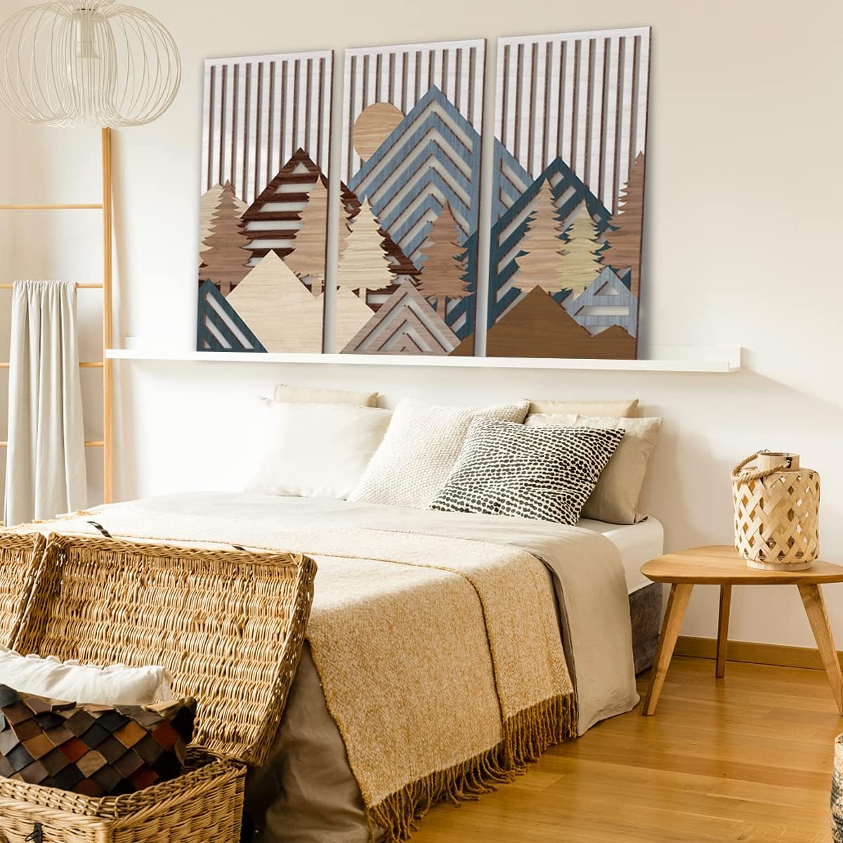 IARTTOP Abstract Mountain Wood Wall Art Large geometric Forest Pine Trees Wooden Wall Decor Boho Sun Nature Landscape Wall Decor for Bedroom Living Room Office-16 x32 Inch Set of 3