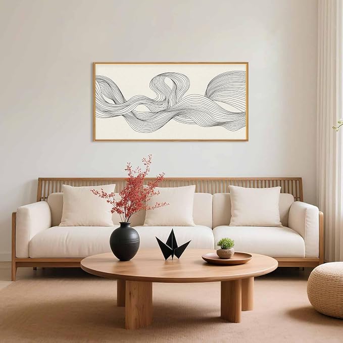 HPNIUB Large Neutral Abstract Framed Canvas Wall Art,Textured Beige Minimalist Wall Decor,Black Line Wave Art Prints,Boho Modern Geometric Artwork for Living Room, Bedroom, Office -20"x40"