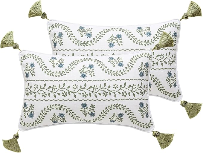 ISAENNE Designer Linen Throw Pillow Cover,Set of 2,20"x12"-Mosella D | French Elegant Rectangle Decor Pillow Cover,Concealed Zipper Design,Floral Pattern,Sofa,Bedroom,Living Room,Lounge Chairs