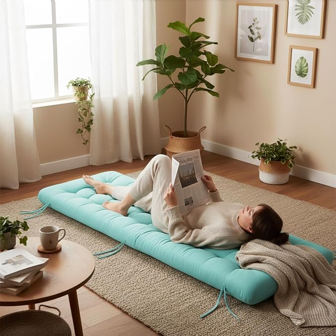 Vercraft Long Floor Cushion Large Floor Cushion with Brushed Cotton 74.8 x 27.5 x 3.15 in Jumbo Lounger Pillow for Outdoor Indoor Bay Window Meditation Yoga Reading Sleeping(1 Pc,Cyan)