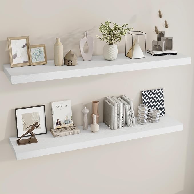 Dreamland 55Inch White Floating Shelves 9.8" Deep Wall Mounted Set of 2 | Wall shelves for bathroom, bedroom, Living Room, kitchen, deep wall mount wood storage display for home decor 55" x 9.8"