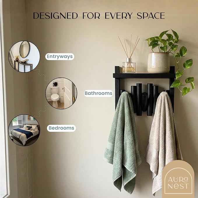 Bamboo Wall Mounted Coat Rack with Shelf Flip Down Wooden Hooks for Entryway Hallway Bedroom | Matte Black Piano Hanger, 3 Hooks, Space Saving Organizer