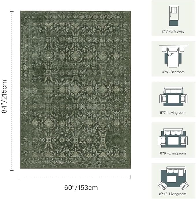 Rugxara 5x7 Area Rugs for Living Room Bedroom, Washable Rug, Green Vintage Floral Boho Rug, Non Slip & Low Pile Faux Wool Thin Carpet for Indoor Dining Room and Kids Room(Green 5x7ft)