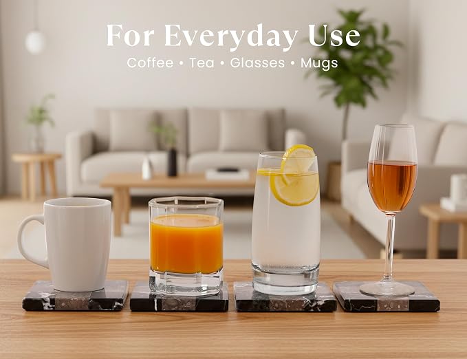 Marble Coasters Set of 4, Zebra Black & Oceanic Handmade 4 inch Stone Coaster, Square Drink Checkered Coasters for Coffee Table, Stylish Bar Accessories & Modern Home Décor