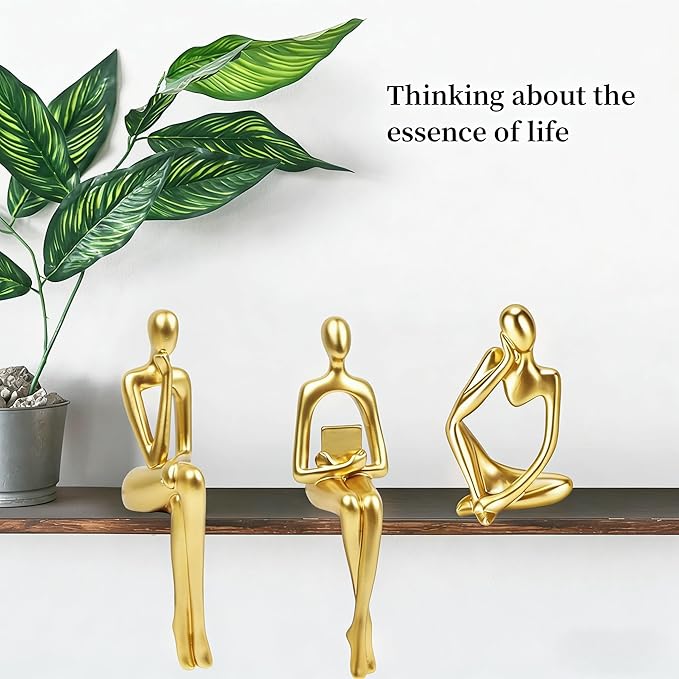 Prettidecor Gold Home Decor Thinker Statue Accents, Set of 3 Thinker Sculptures Office Decor Modern Abstract Resin Decoration on Shelf Table Desk for Living Room Office Bedroom (Large Gold)