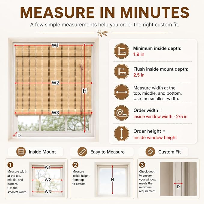 No Drill Bamboo Blinds for Interior Windows, Bamboo Shades for Indoor Windows, Roller Shades for Indoor Window and Outdoor Patio, Easy to Install for Home & Porches