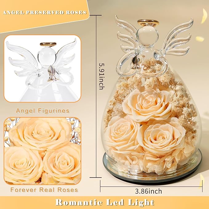 Beferr Mothers Day Mom Birthday Gifts for Women, Fresh Flowers for Delivery Forever Preserved Rose in Glass Angel Figurine, Anniversary Christian Real Rose for Grandma Nana Wife Mum from Daughter Son
