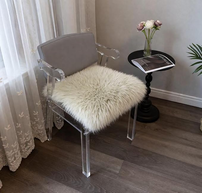 Sheepskin Chair Cushion Non-Slip Back Square Genuine Fur Chair Cover Silky Natural Wool Seat Cushion Pad Soft Area Rugs Carpet for Home Office Restaurant Chair 18x18 Inch (Pack of 1), Flaxen