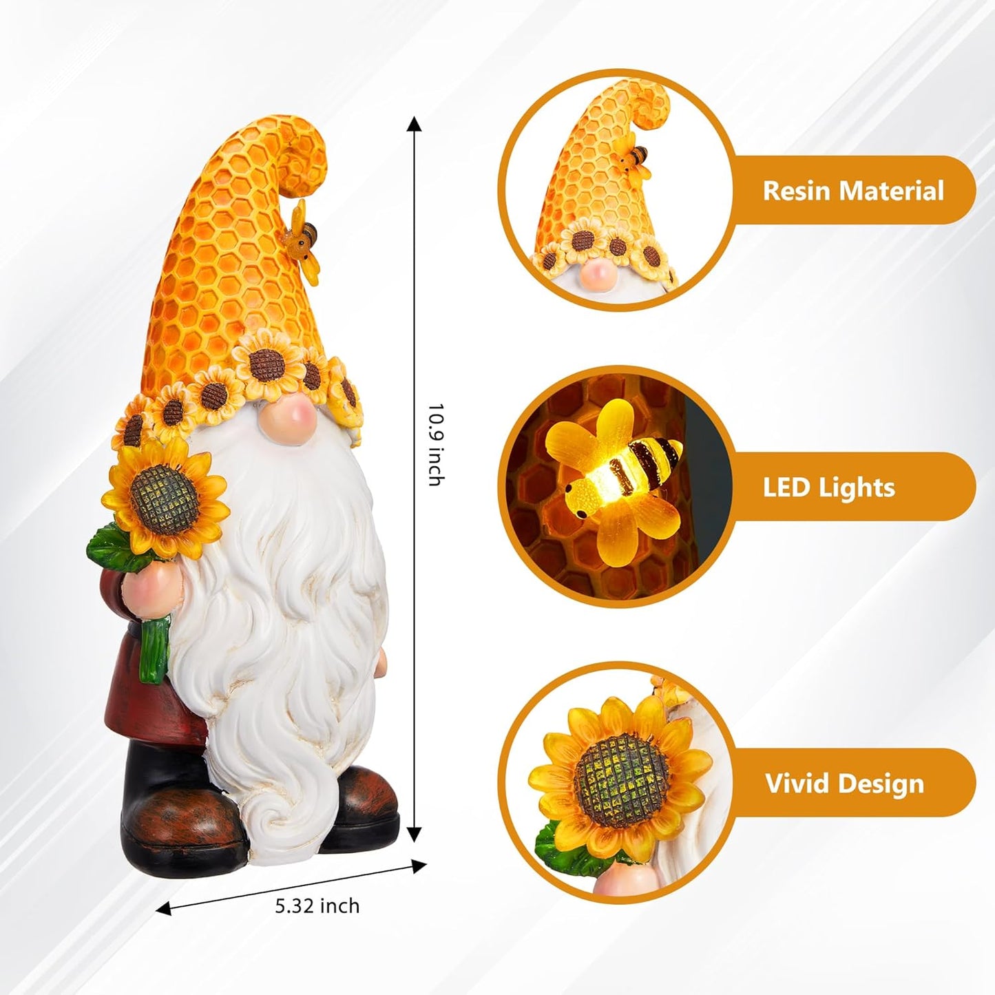 Garden Gnomes Outdoor - Sunflower Gnome Statue with Solar LED Lights for Yard, Patio, Lawn Ornaments - Best Garden Gifts for Mothers Day, Housewarming, Festival