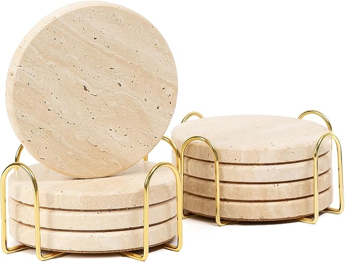 Set of 8 Travertine Coasters with Holder, 4" Round Stone Drink Coasters with Stand for Table Desk Bar - Cork Backed, Heat Resistant Rustic Farmhouse Boho Coaster, Elegant Coffee Table Decor
