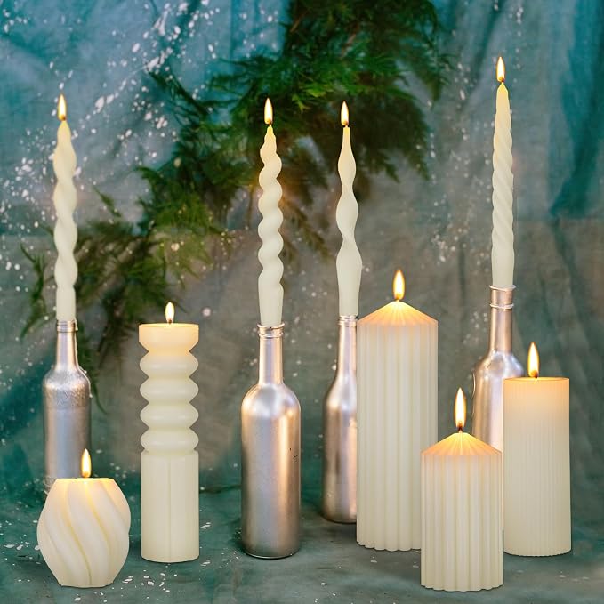 Nuanchu 9 Pcs Modern Decorative Candles Set 5 Pillar Aesthetic Ribbed Candles 4 Spiral Taper Twisted Candlesticks Scented Smokeless Soy Wax for Wedding Holiday Dinner Home Decorations(White)