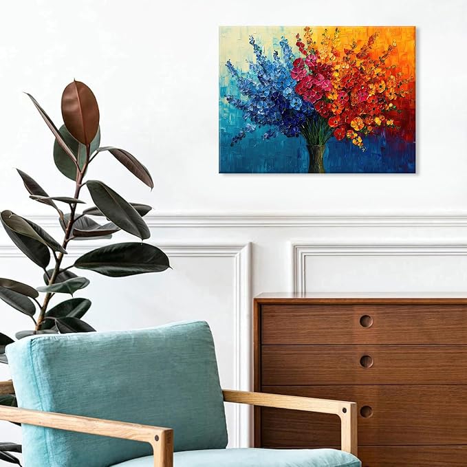 Colorful Flower Wall Art Teal Red Orange Wildflower Painting Abstract Texture Botanical Picture Canvas Prints for Living Room Floral Poster Modern Framed Artwork Bathroom Bedoom Home Decoration 12x16