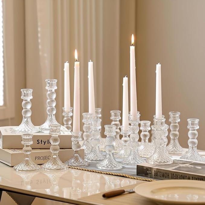 Mumufy 24 Pack Glass Taper Candle Holders Clear Candlestick Holder Fit 0.8 Inch Candles 4'' 6'' 8'' Tall Crystal Decorative Candlestick Stand Centerpiece for Table Wedding Dining Party (Vintage)