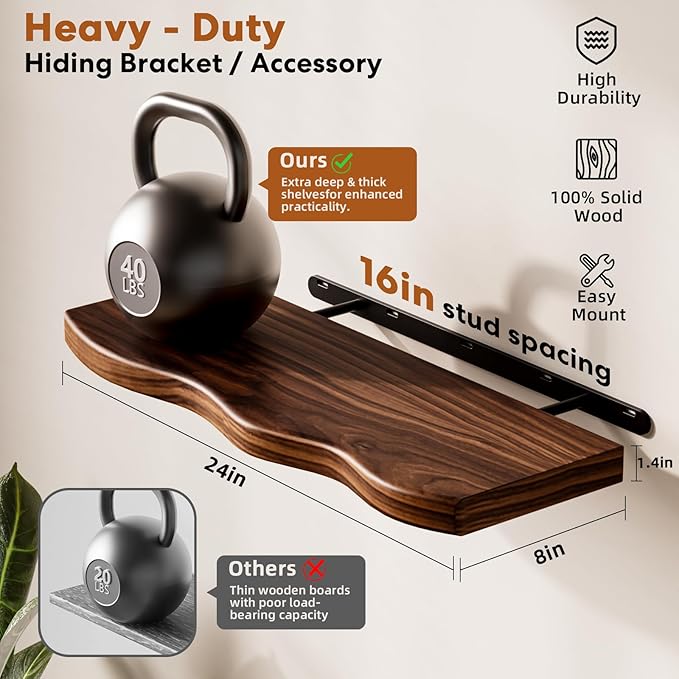 Floating Shelves for Wall, 24 inch Rustic Wooden Floating Shelves, Wall-Mounted Floating Bookshelf, Hanging Shelves with Unique Natural Grain for Living Room, Bedroom, Kitchen (Walnut Color)